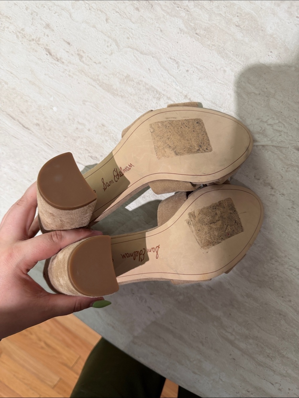 Sam Edelman Taupe Suede Twist Ankle-Strap Block Heels - Picture 3 of 4